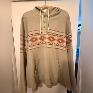 American Eagle Outfitters Beige Hooded Henley with Rust Geometric Stripe